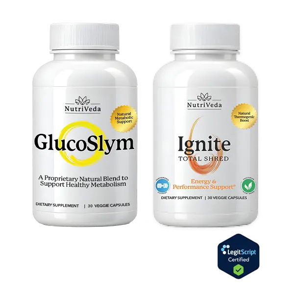 NutriVeda GlucoSlym & Ignite Supplement Combo - Clean Energy Sharper Focus Metabolic Support 30 Veggie Caps Each for Enhanced Metabolism