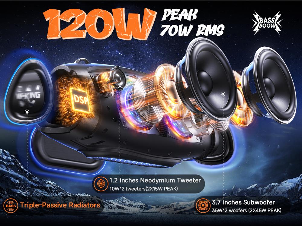 W-KING 120W Outdoor Bluetooth Speaker Portable Wireless IPX6 Waterproof with Triple Passive Radiators 2 Subwoofers 70W Deep Bass DSP 42H Power Bank EQ Large Party Audio