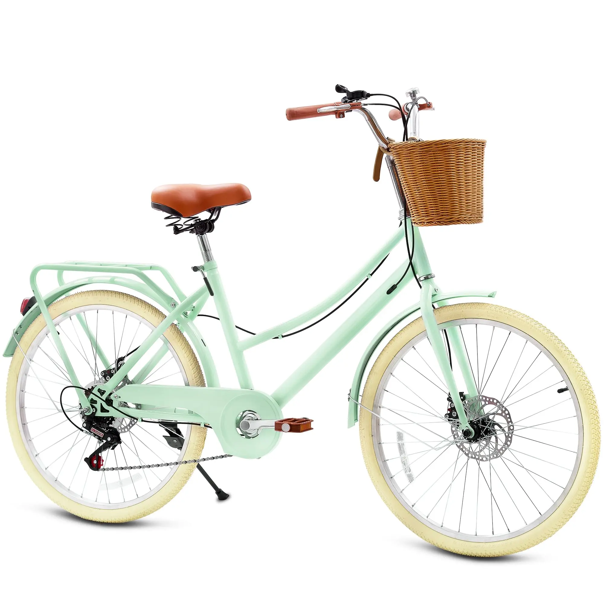 Retro Cruiser Bike for Girls, 20 24 Inch 7-Speed Bicycles for Ages 14+ Girls Youth with Rattan Basket, Dual-Disc Brake Carbon Steel Frame Lightweight Bicycle, Multiple Colors