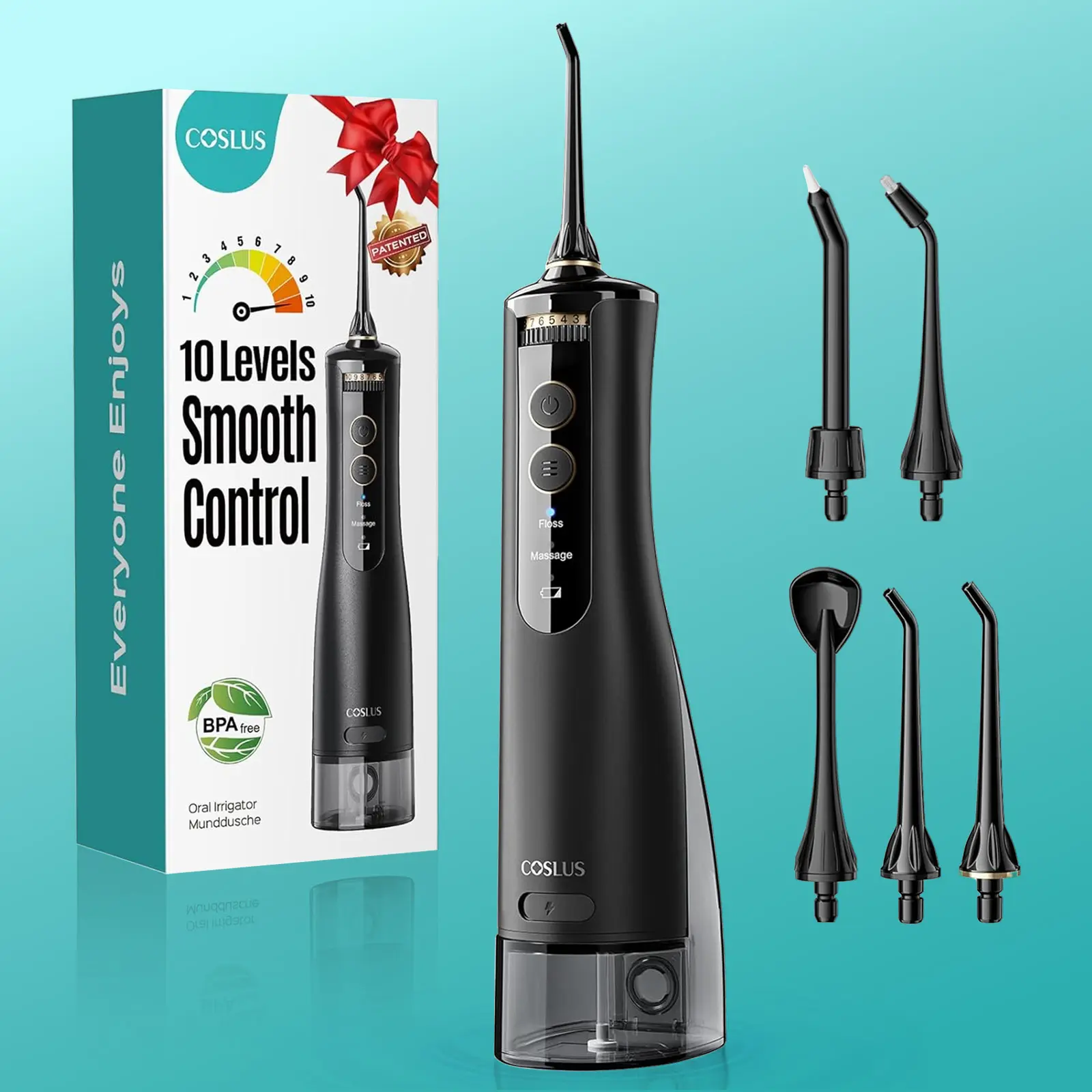 COSLUS ADA Accepted E40 Water Flosser, Rechargeable Cordless Oral Irrigator with 10 Pressure Settings, 5 Nozzles, 300ML Water Tank, IPX7 Waterproof, for Braces & Sensitive Gums  home essentials dorm essentials backtoschool