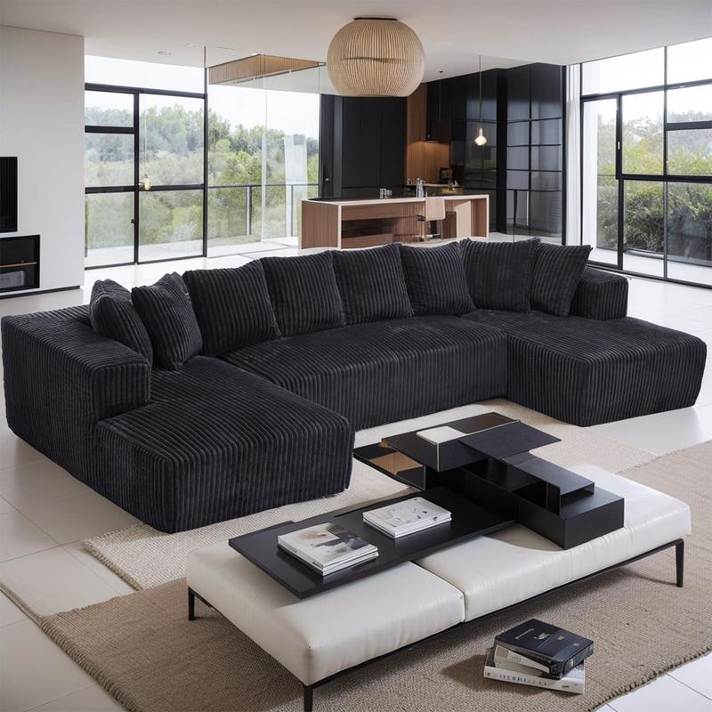 Big Boneless Couch, 131'' Large Sectional U-Shape Couches with Chaise Lounge, Deep Seats, No Assembly, Modern Modular Design for Living Room, Versatile Configuration Modular Couch, Elegant Corduroy Sofa, Free Combination, Comfy & Versatile, Black