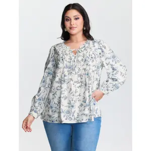 【Summer Turn-Up】【Neck-Lengthening】BlOOMCHIC Plus Size Floral Print Neckline Tie Blouse [M-6X] 2026 Summer Pick for Mother's Day