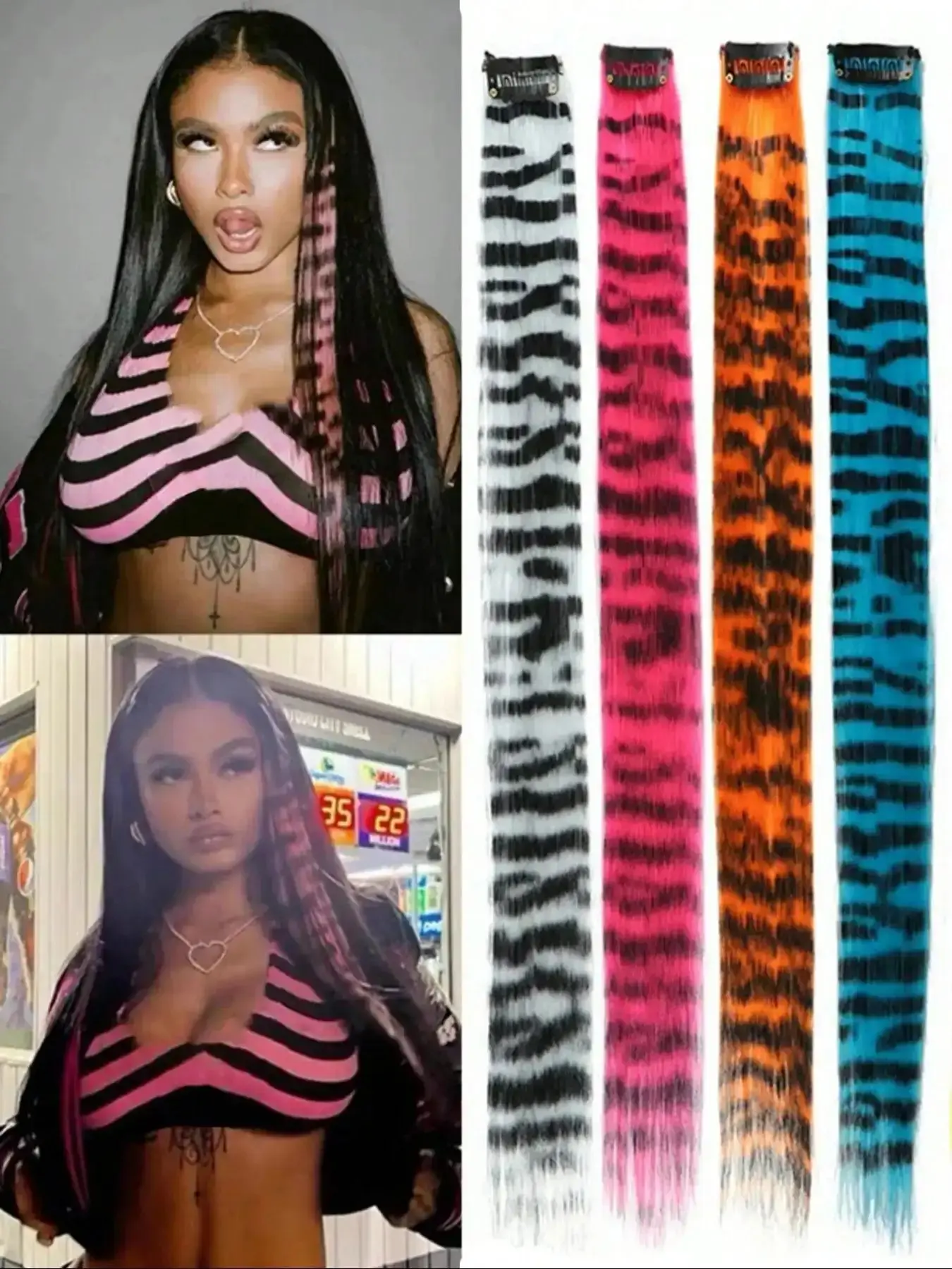 4 Piece Leopard Print Mixed Color Hair Extensions Y2K Street Style, Claw Clips, Clip-In Hair, Hair Slides, Hair Clamps, School Supplies, Synthetic Hairpiece, Synthetic Hair Pieces, Women Casual Clothing