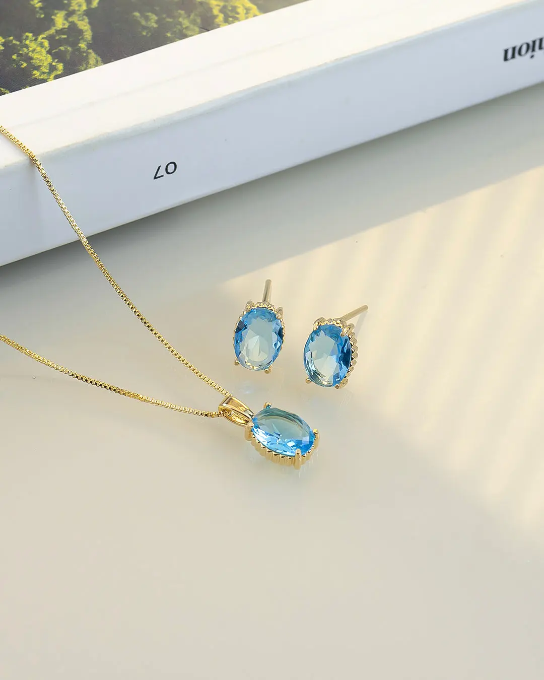 Luxury Small Oval Aqua CZ Necklace & Earring Set - Nickel-Free 18k Gold Plated Jewelry for Sensitive Skin Comfort