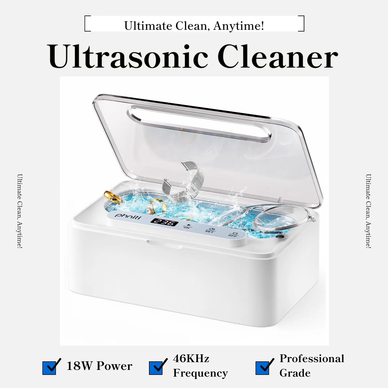 18W 46Khz Ultrasonic Cleaner - Professional Effective Cleaning Tool for Oral Care Items, Jewelry Rings, Denture Care Tool