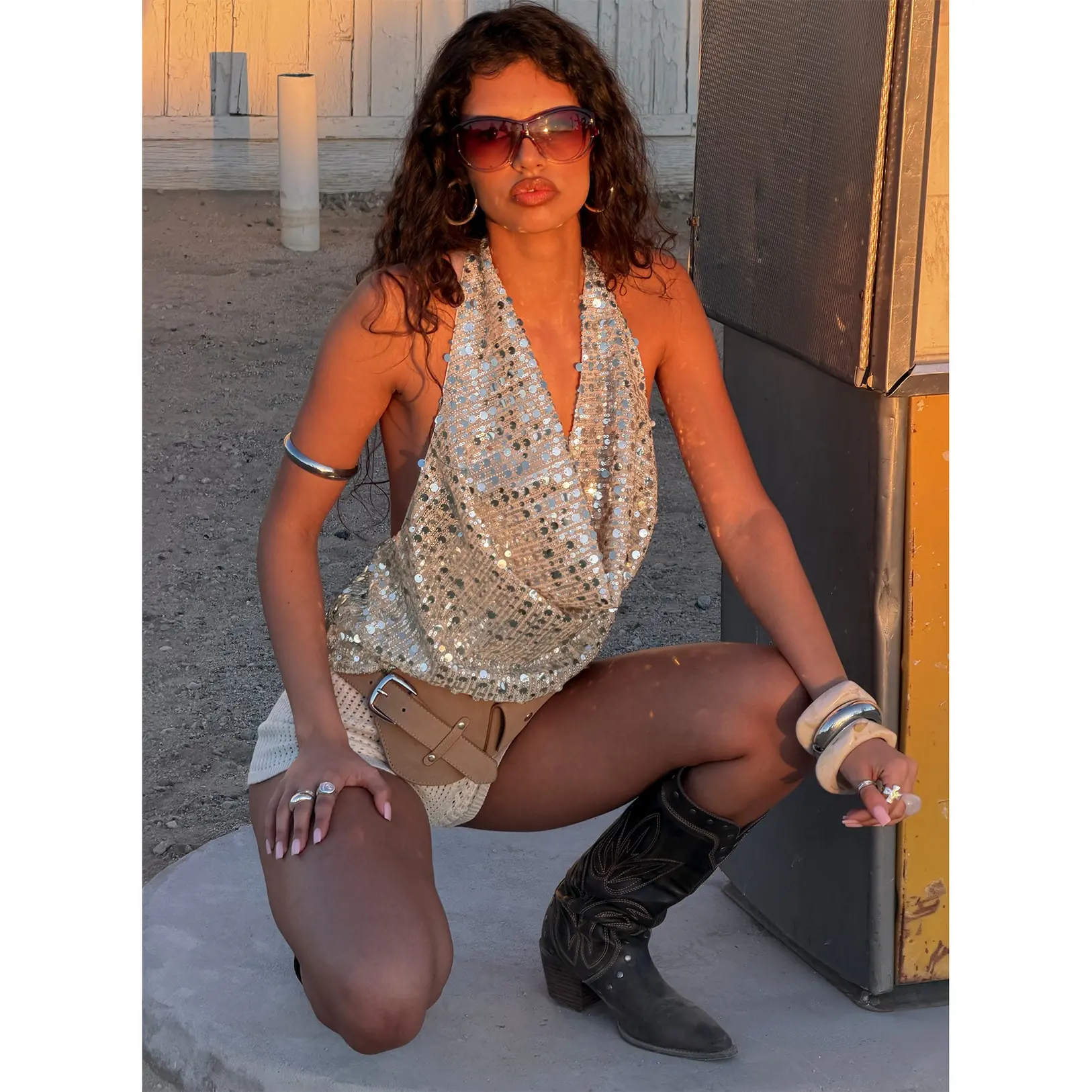 Northern Lights Cowl Halter Backless Top Champagne Sequin