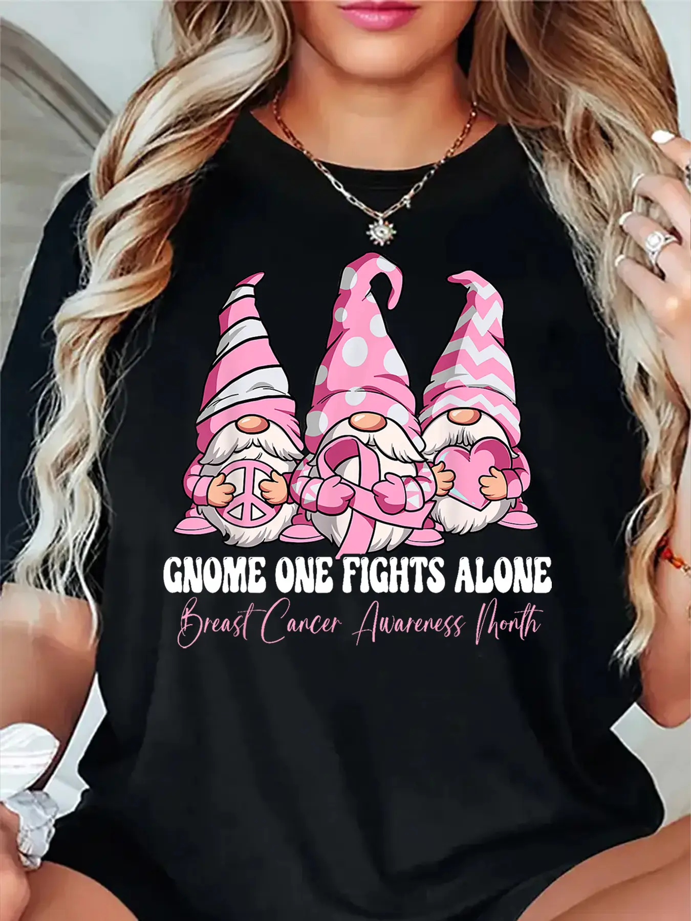 Women's Breast Cancer Awareness T-Shirt - Black with Pink Gnome Print, "No One Fights Alone" Design, Cotton Crewneck Short-Sleeve Machine Washable, 4-Season Fit, Supports Patients/Survivors, Motivational Fun Print