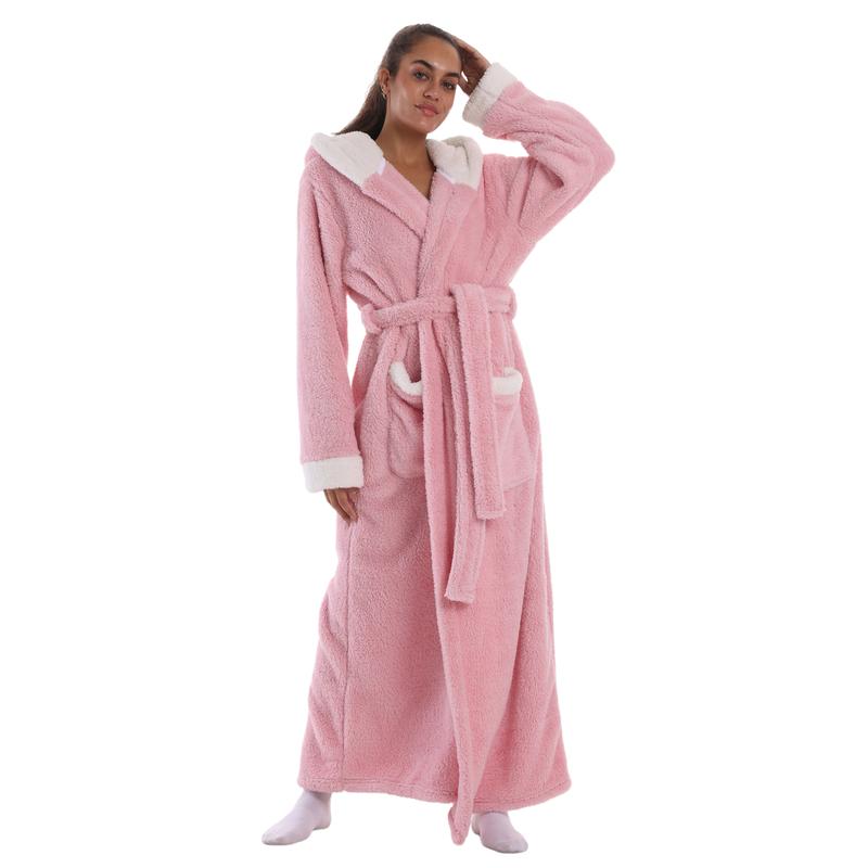 Msrlassn Cozy Soft Flannel Bathrobe Lined Color Block Hooded Robe for Women Thickened Long Sleeve Pyjamas Cute Print Home Sleepwear ,One Size Fit Most, Valentine's Day Gift