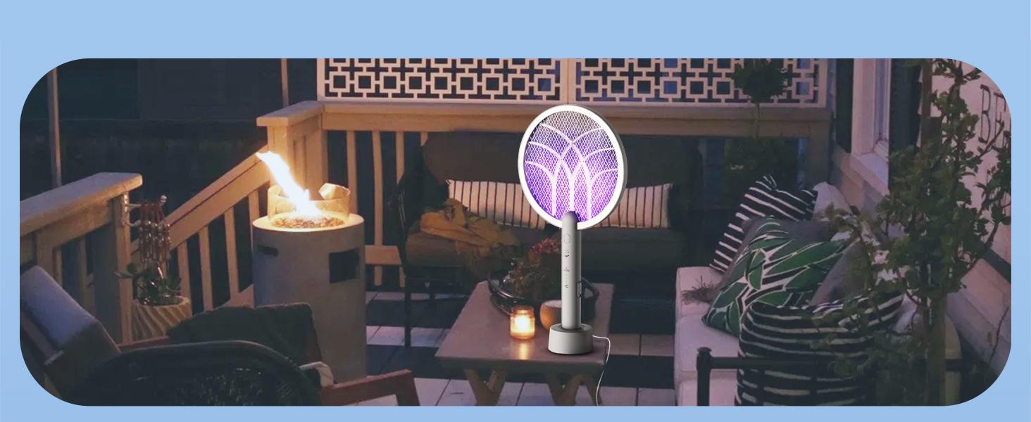 4000V Electric Fly Swatter Racket, 1800mAh Smart Bug Zapper with USB Rechargeable Base, Powerful Mosquitoes Trap Lamp & Fly Killer with 3-Layer Safety Mesh for Home, Bedroom, Kitchen, Patio