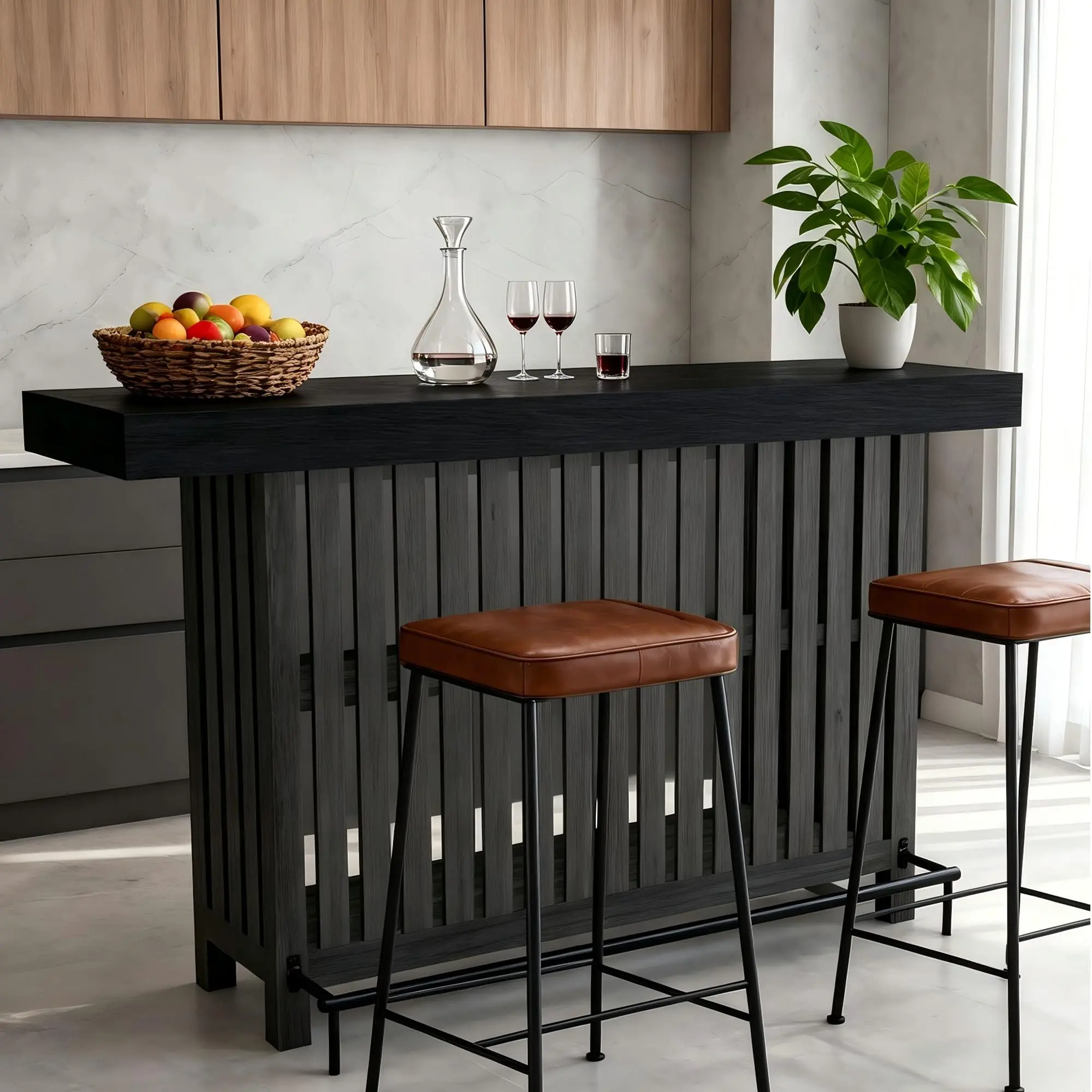 Garvee 63" Long Bar Table - Counter Bar Height Pub Table | Modern Coffee Breakfast Bar Unit with 2 Tier Storage Shelves & Footrest for Dining Room, Bistro, Living Room