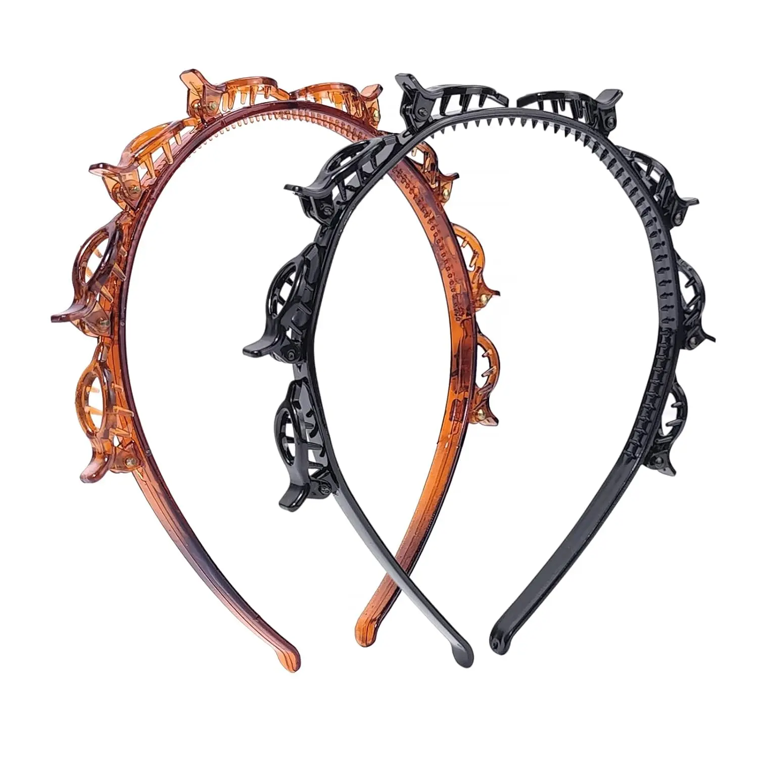 2 Pack Clip Headband for Twisty Bangs 90s Hair Accessories for Women with 8 Mini Clips Braided Hair Clip Headbands for Y2K Fashion Styling Black and Brown