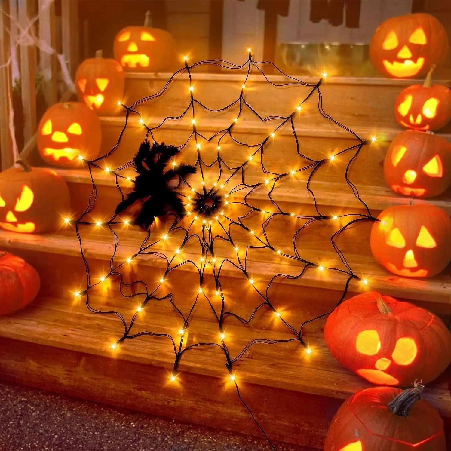 Halloween Decorations Spider Web Lights - 4FT Diameter 70 LEDs with Black Spider, Waterproof Net Lights, Remote Control, 8 Modes Cobweb Halloween Decorations for House Garden Indoor & Outdoor