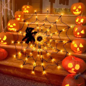 Halloween Decorations Spider Web Lights - 4FT Diameter 70 LEDs with Black Spider, Waterproof Net Lights, Remote Control, 8 Modes Cobweb Halloween Decorations for House Garden Indoor & Outdoor
