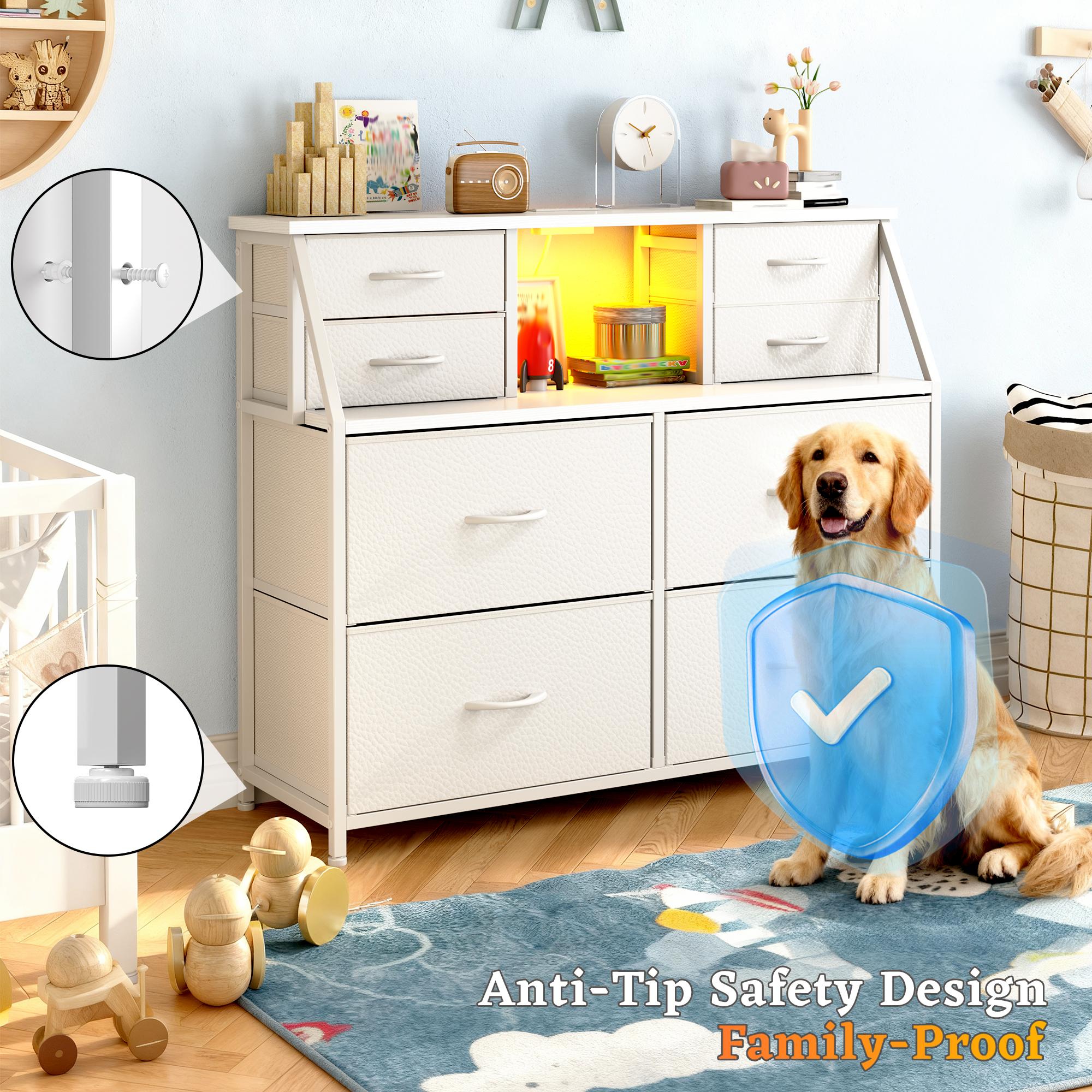 【Storage Hack】Raybee Vanity sideboard 30''H 8 Drawers Dresser for Dorm & Attic,Dresser with Built-In Charging Station and LED, Sturdy Chest of Drawers with Two Open Shelves for Storage,Hides all your clutter to keep you organized and your vibe on point