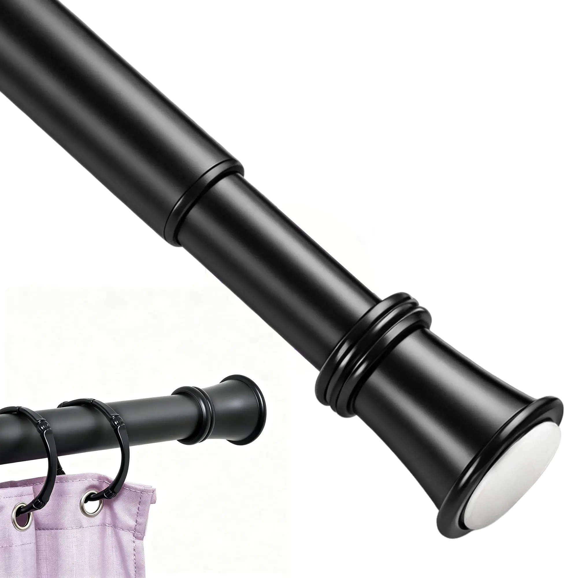 Matte Black No-Drill Adjustable Tension Curtain Rod - Thick, Lightweight, Heavy Duty 20lbs Household Rod for Window, Shower, Closet Hanging, Non-Slip, 3-Step Easy Installation