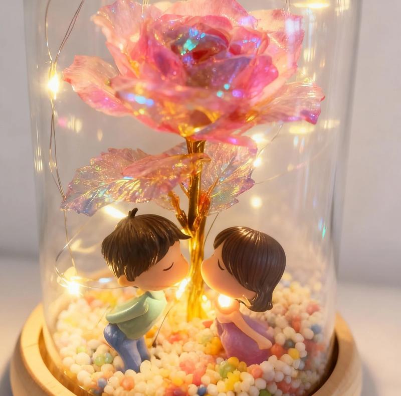 Artificial Roses withLED Lights in Clear Glass Storage Box Single Stem Home Party Decorations for Valentine's Day Christmas Festival