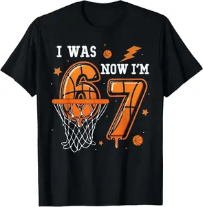 100% CottonI was 6 Now I'm 7 Birthday Boy Basketball Funny 6 7 Meme Kid T-Shirt
