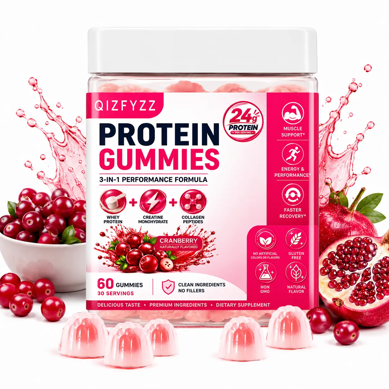 3-in-1 Protein Gummies with Whey Protein, Creatine Monohydrate & Collagen Peptides, 0 Sugar, 24g Protein per Serving, Muscle, Energy & Recovery Support, Berry Flavor, for Men & Women