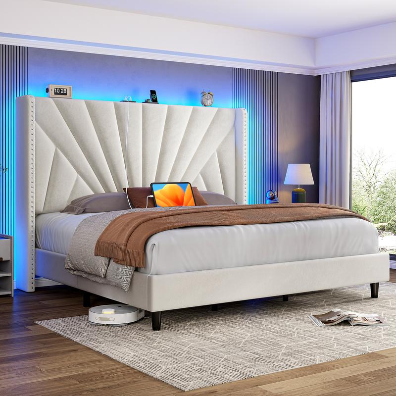 Raybee Full/ Queen/King Size Bed Frame with 51" Velvet Upholstered Headboard, up to 900 LBS ,Platform Bedframe with Charging Station and LED Lights, Wingback Headboard, No Box Spring Needed, Noise-Free[Black Friday]