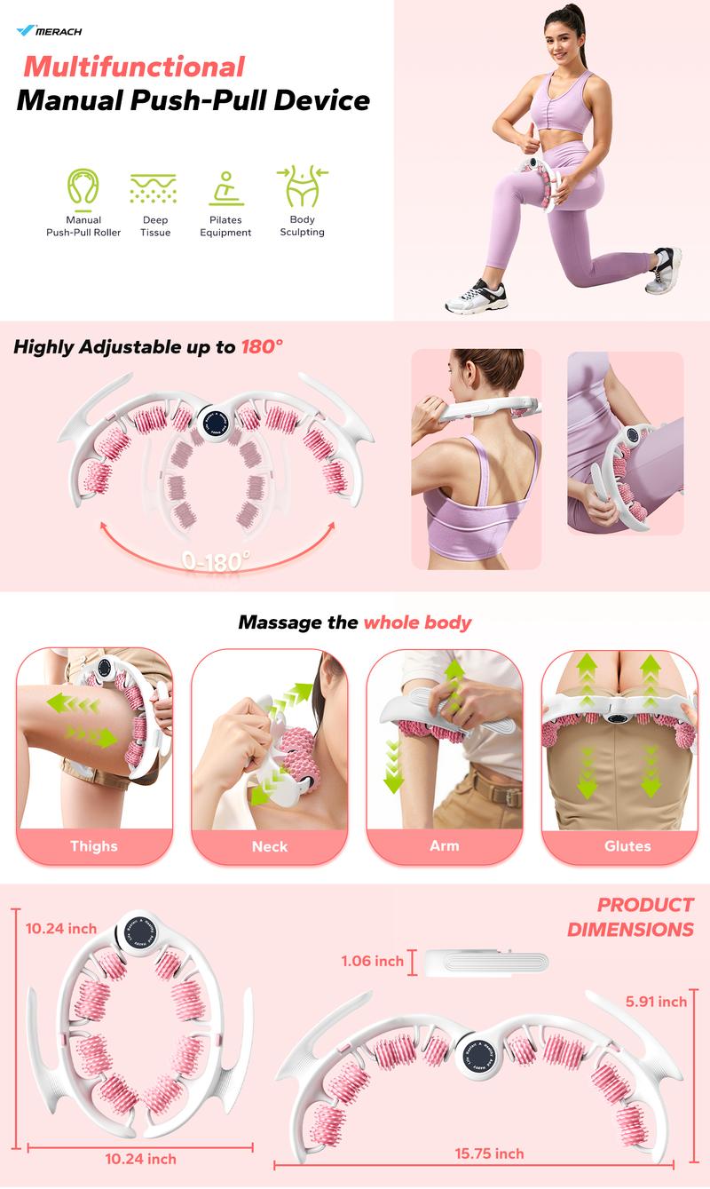 Merach Manual Push-Pull Roller Relaxing Deep Tissue Massage Tool Ring for Thigh Calf & Waist Foam Roller for Daily Stretching & Recovery Body Care Pink