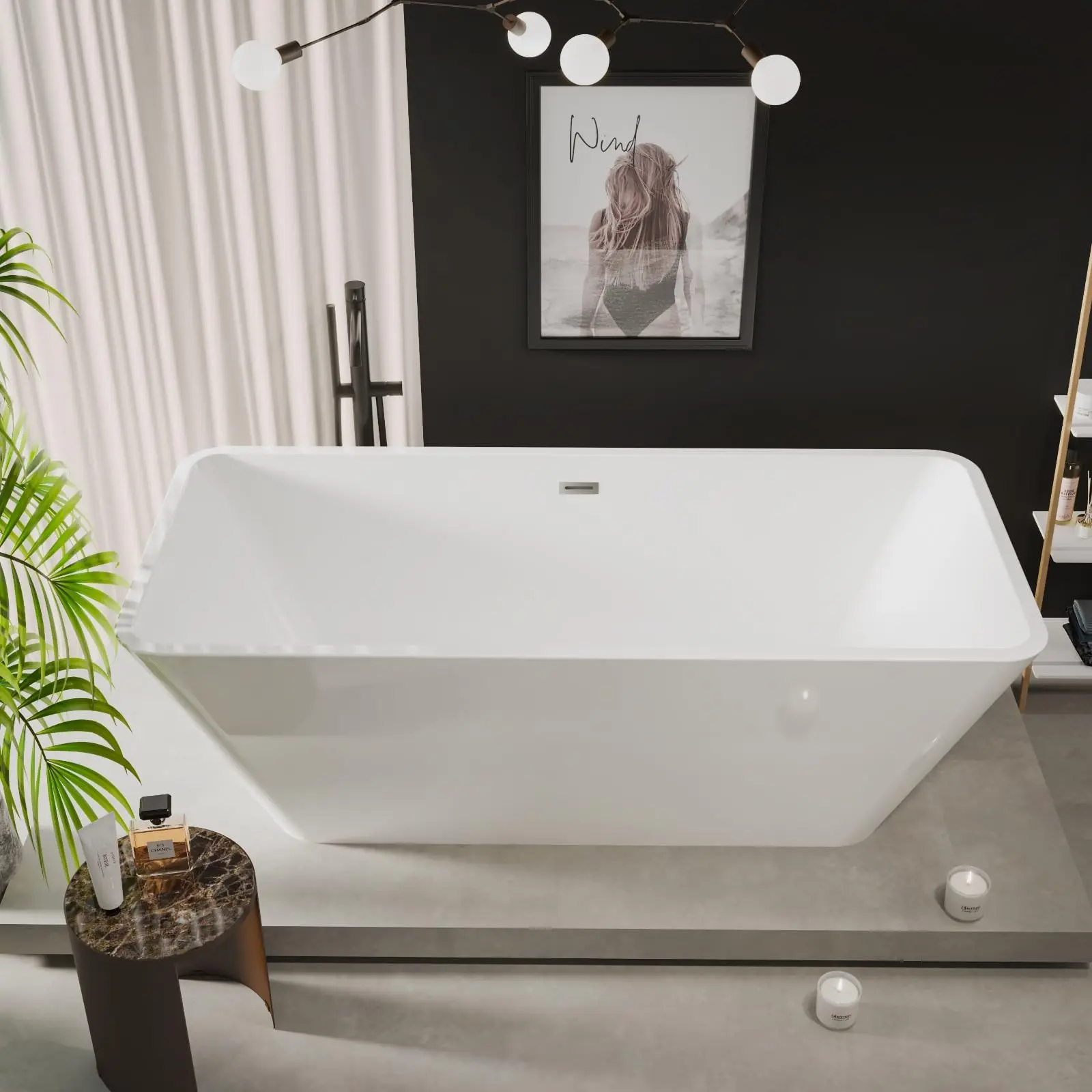 Garvee Freestanding Bathtub 66", Rectangular Soaking Tub, CUPC Certified with Chrome Drain System, Installation in Glossy White