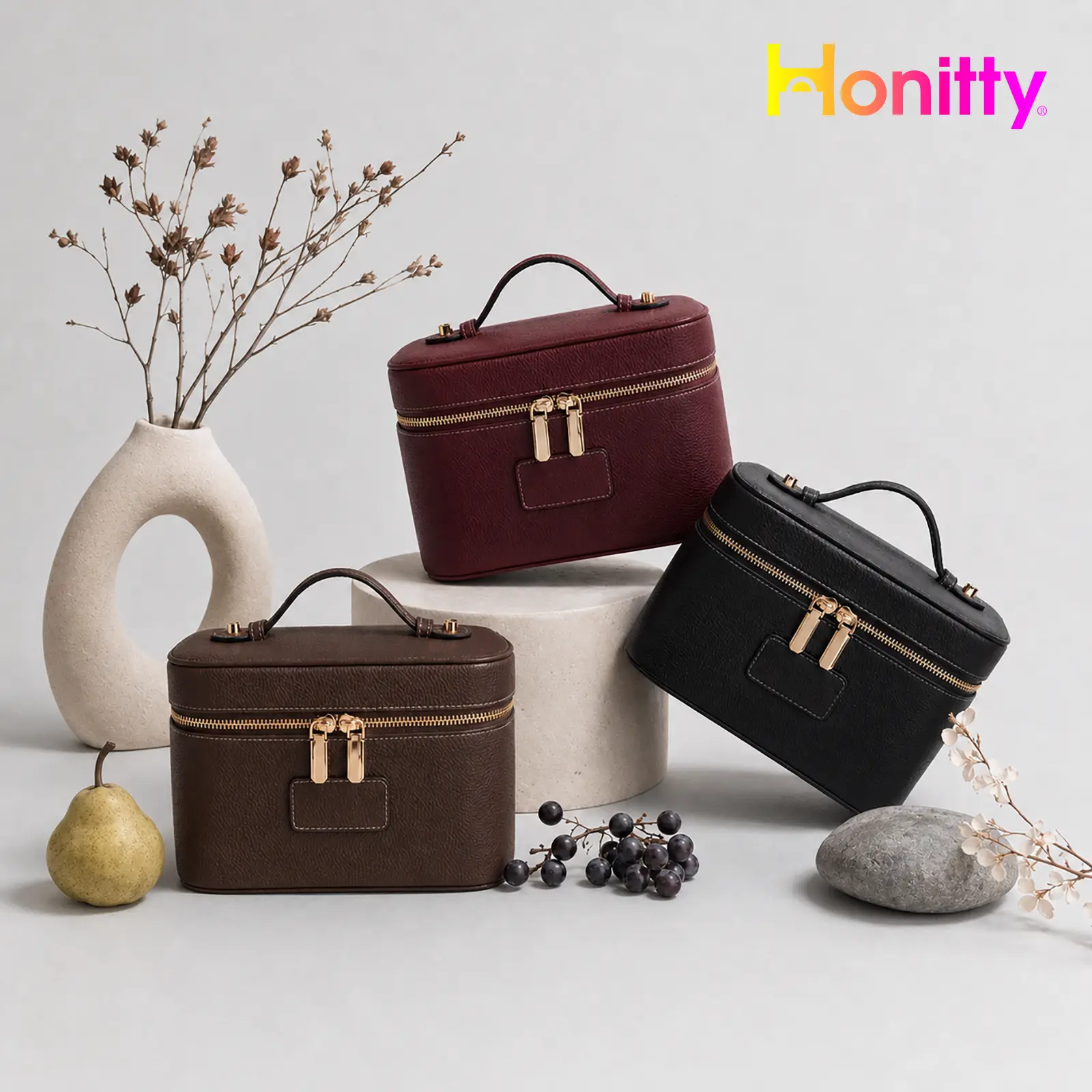 HONITTY Women's PU Leather Makeup Case - Large-Capacity Waterproof Wipe-Clean Zip Bag with Removable Divider, Compact Portable Vanity for Party, Holiday Travel Toiletry & Makeup Organizer