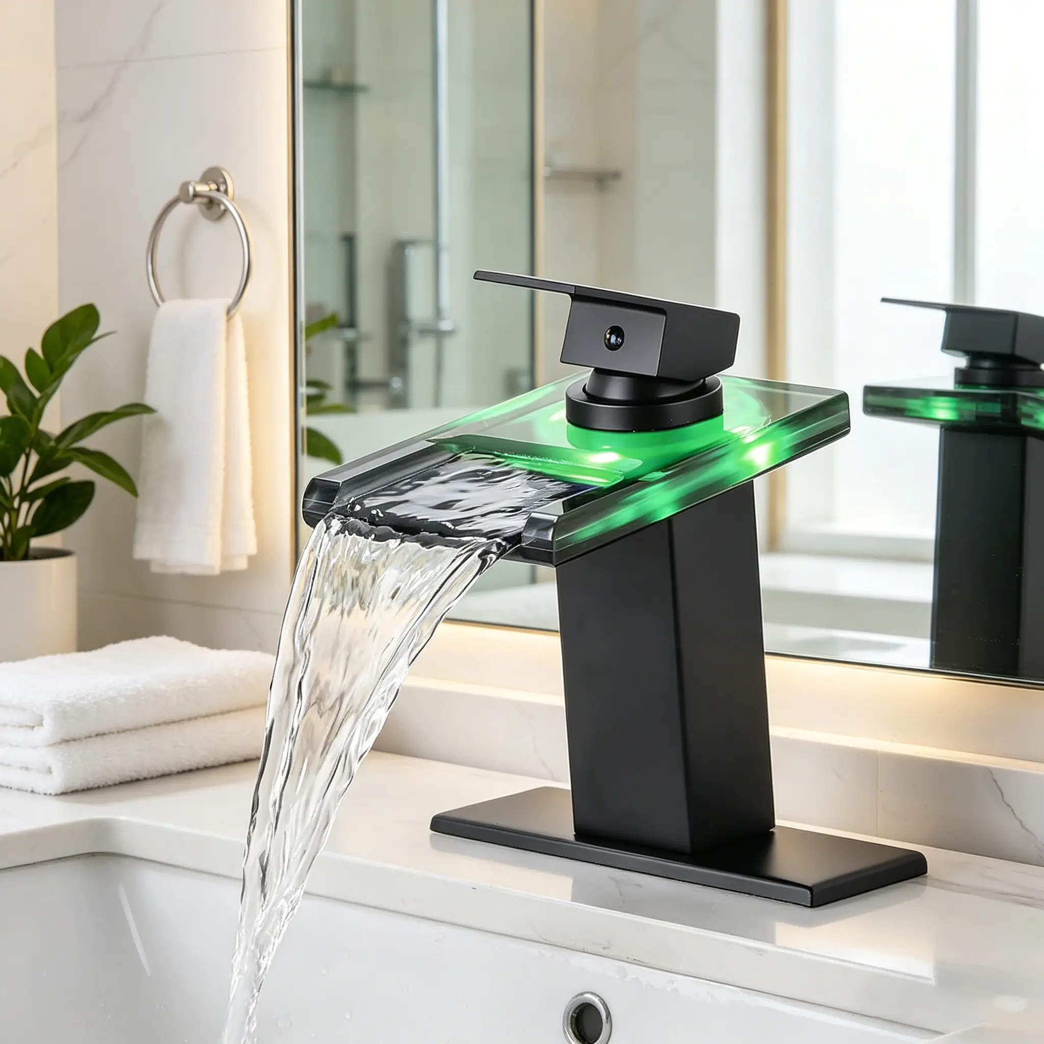 Matte Black LED Bathroom Sink Faucet - Modern Waterfall Single Hole Vanity Tap with Deck Plate, 2 Water Supply Lines & Open Glass Spout, Automatic Color-Changing, Easy to Install Color-Changing LED-Lit Bathroom Sink Tap, Automatic Color-Changing Bathroom