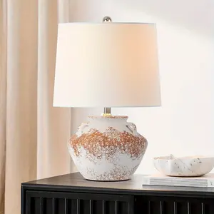 20'' Yellow And White Texture Rustic Ceramic Jar Table Lamp Farmhouse Traditional Bedside Lamp For Bedroom, Living Room, Dining Room, Office, With White Shade