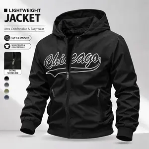 Men’s fashion-forward hooded jacket with letter print and zippered pockets, suitable for baseball gatherings, sports training, everyday outings, campus life, and spring/summer wear.