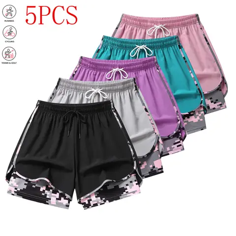 Women's 5-Piece Value Set Colorblock Casual Athletic Activewear Gym Outfits - Polyester Tight-Fitting Shorts with Built-In Liner, Drawstring, Stay-Put Waistband, Run-Ready Fit - Suitable for Running, Gym