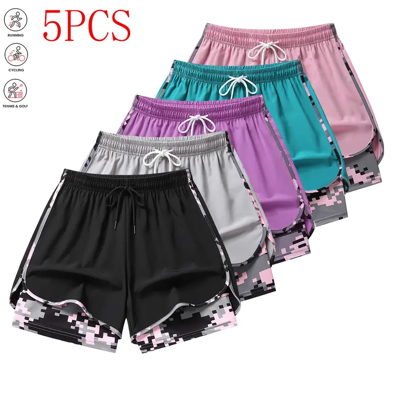Women's 5-Piece Value Set Colorblock Casual Athletic Activewear Gym Outfits - Polyester Tight-Fitting Shorts with Built-In Liner, Drawstring, Stay-Put Waistband, Run-Ready Fit - Suitable for Running, Gym