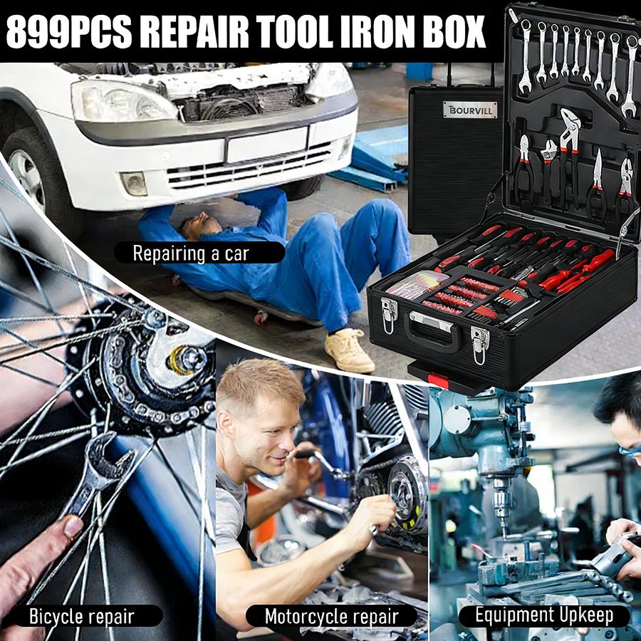 Bourvill 899PCS Tool Set,Large Capacity Metal Hand Toolbox,Rolling Toolbox,Aluminum 4-Drawer Mobile Tool Box,Mechanic & Household Repair Tool Set,Father's Day Gift for Dad