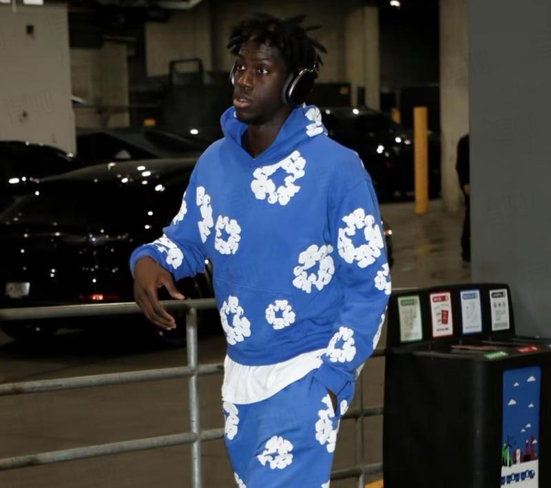 DENIM TEARS Brand Hot Selling New Fashionable Cotton Foamprinted Hoodie European and American Trendy Men's Sportssuit Pink Floral Design with Hood and Drawstring