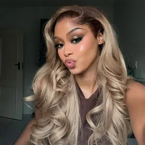 Ombre Dark Brown and Ash Blonde Wigs Human Hair 180% Density 13x6 Body Wave HD Thin Lace Front Wig for Women Glueless Ombre Blonde Colored Lace Front Wigs