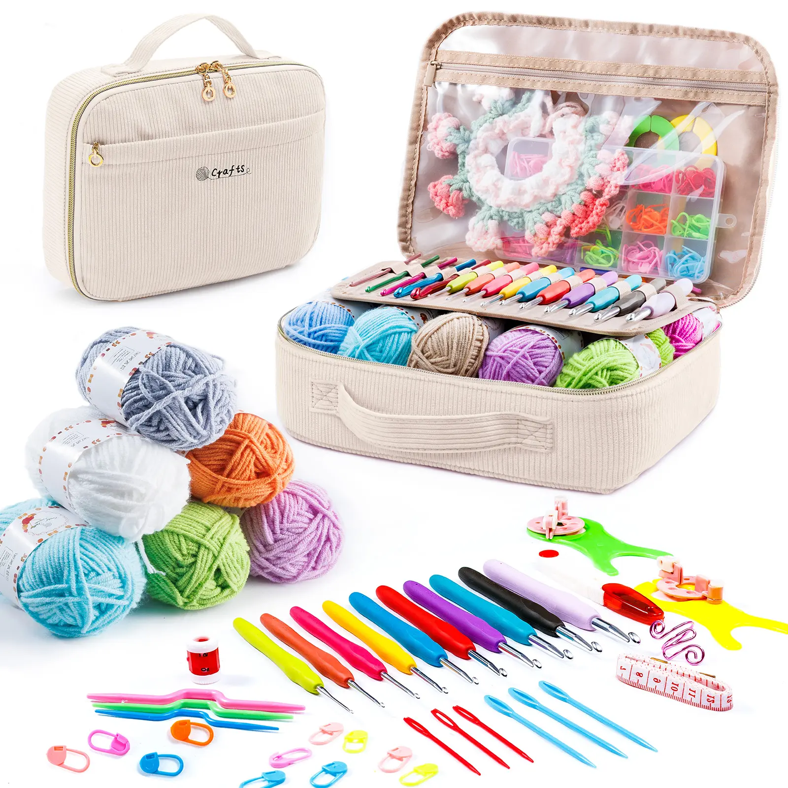 MYBAGZING 58-Piece Beginner Crochet Kit with Crochet Thread, 10 Ergonomic 2.0-6.0 mm Hooks, 10 Vibrant Yarn Skeins, Yarn Storage Bag & Knitting Accessories, Ideal Gift for Craft Lovers, Acrylic Yarn