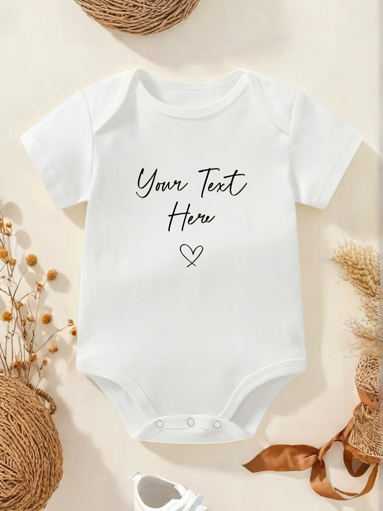 Custom Your Text Here Baby Onesie Minimal Handwritten Script Simple Line Heart Short Sleeve Cotton White Customizable Infant Bodysuit