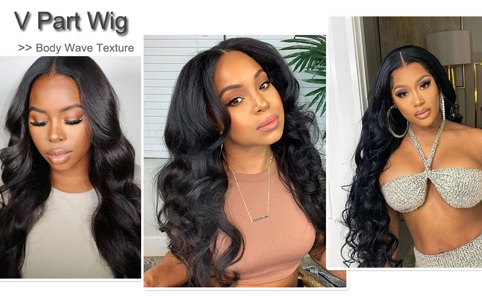 【Updated with Drawstring】Mamushow V Part Wigs With Invisible Strap Drawstring 100% Human Virgin Hair Body Wave Glueless Wig 180% Density Curly Wigs Natural Black