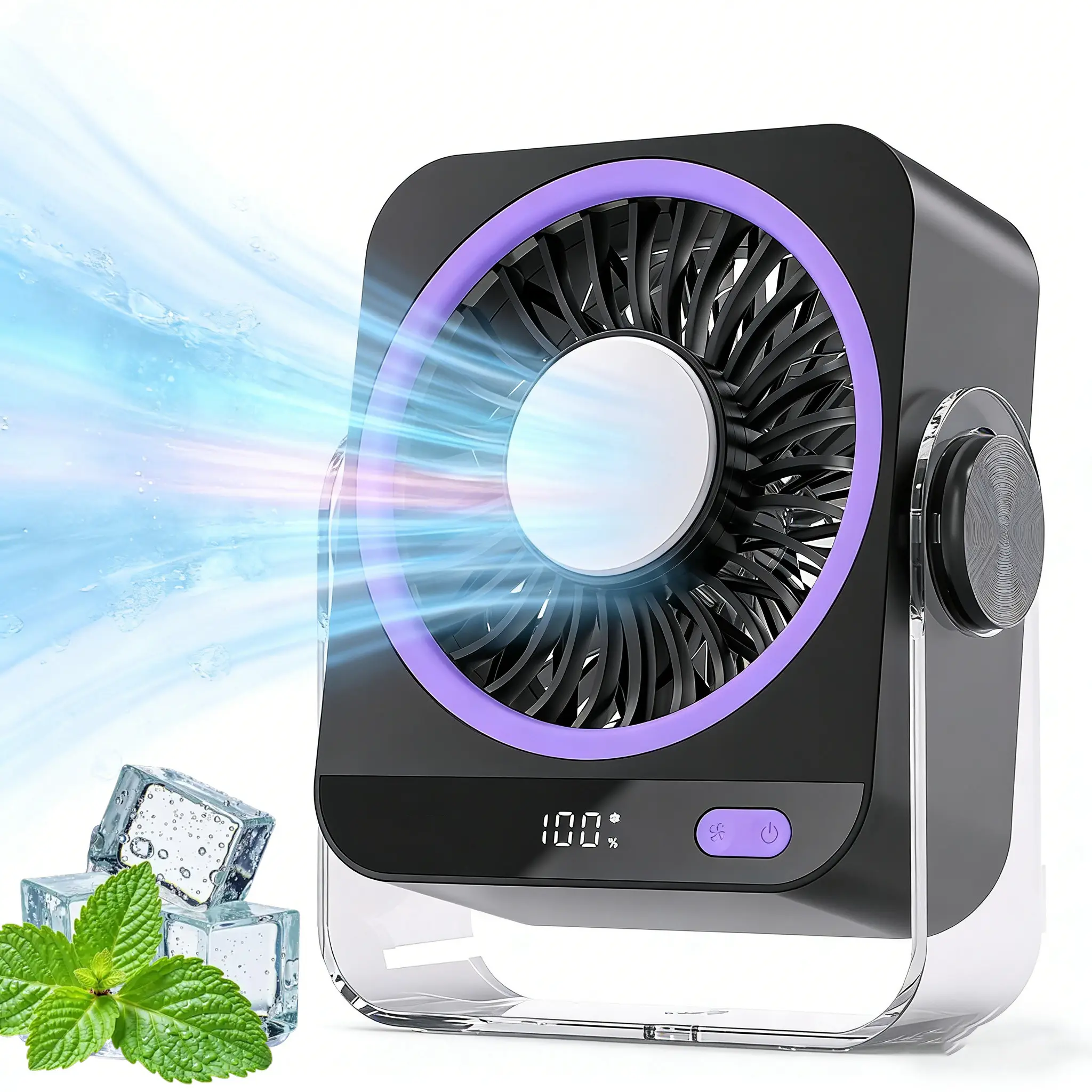 Bedroom desktop cooling fan, 199-level vortex airflow speeds, digital display quiet desk fan, small rechargeable desktop fan that rotates 180 degrees, suitable for home and office