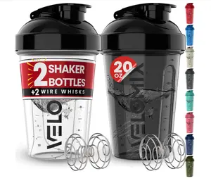 VELOMIX -2 Pack- 20 oz Protein Shaker Bottles for Protein Mixes - 2x Wire Whisk | Leak Proof Shaker Cups for Protein Shakes and Pre Workout | Protein Shaker Bottle Pack (Black/Transparent)