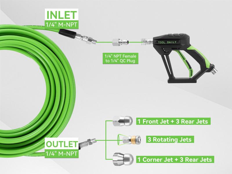 Tool Daily Sewer Jetter Kit for Power Washer 100 FT Heavy Duty Hose,Short Spray Lance,Drain Cleaning,1/4 Inch NPT,Sewer Jetting Nozzle,3600 PSI
