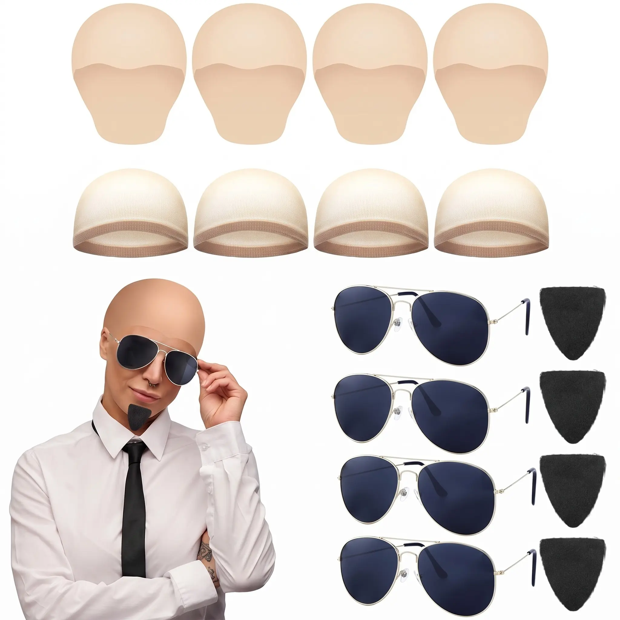 4 Pcs Hip Hop Costume Set Beige Latex Bald Caps Dark Aviator Sunglasses Nylon Wig Nets and Fake Mustaches with Goatees One Size Dress Up Favors for Halloween Parties Music Festivals Concerts and Retro Cosplay Events