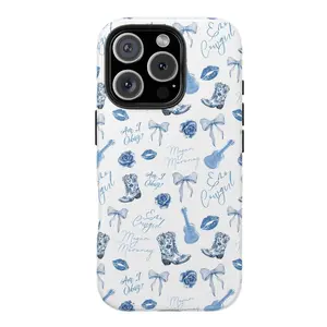Megan Moroney Blue Coquette Tough Phone Case with Cowboy Boots, Roses & Guitar Design, Anti-Drop, Waterproof, Shockproof, Scratch-Resistant Full Protection, Glossy Finish for iPhone 11, 12, 13, 14, 15, 16, 17 Pro Max Plus