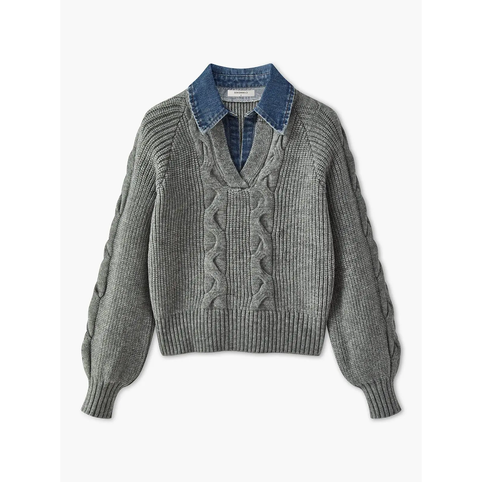 Women's Denim Panel Ribbed Lapel Knitwear, Casual Piece, Modern Women's Knitwear Top, Chic Women's Knitwear