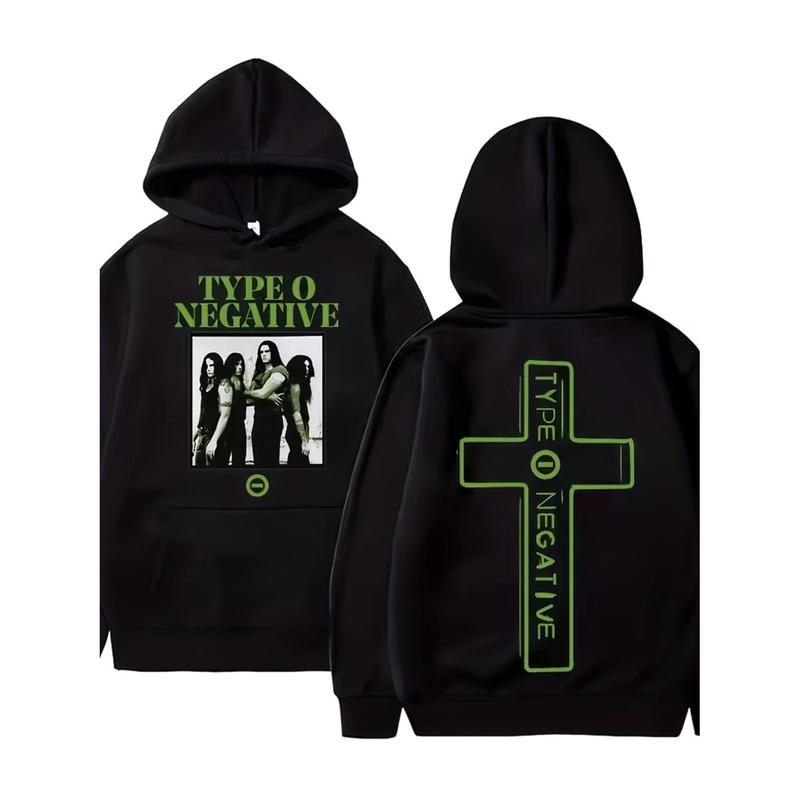 Trendy Rock Band Graphic Hoodie Featuring Type O Negative Design In Black And Green With Band Portraits For Casual Streetwear