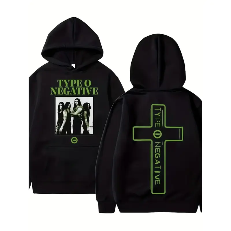 Trendy Rock Band Graphic Hoodie Featuring Type O Negative Design In Black And Green With Band Portraits For Casual Streetwear