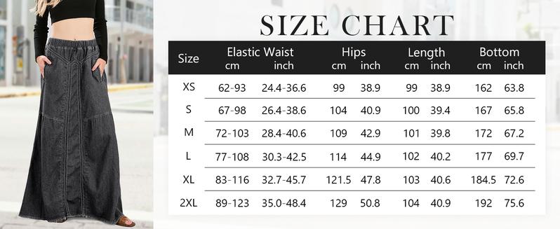 Ebossy Women's Denim Maxi Skirt with Pockets Elastic High Waist Frayed Hem A-Line Flowy Jean Skirt for Casual Wear