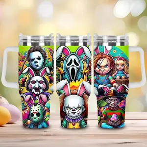 Funny Bunny Slasher Squad Easter Tumbler, 40oz with Handle & 20oz Sizes, Creepy Cute Holiday Illustration Cup, Spooky Easter Basket Insulated Travel Mug