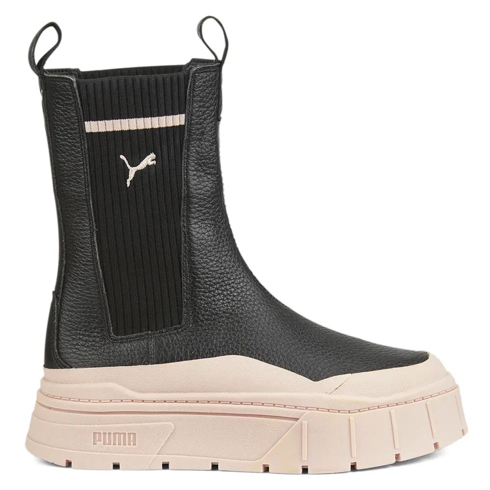 PUMA Womens Mayze Stack Round Toe Pull On Platform Chelsea Casual Boots Mid Calf Low Heel 1-2" - Black, Pink