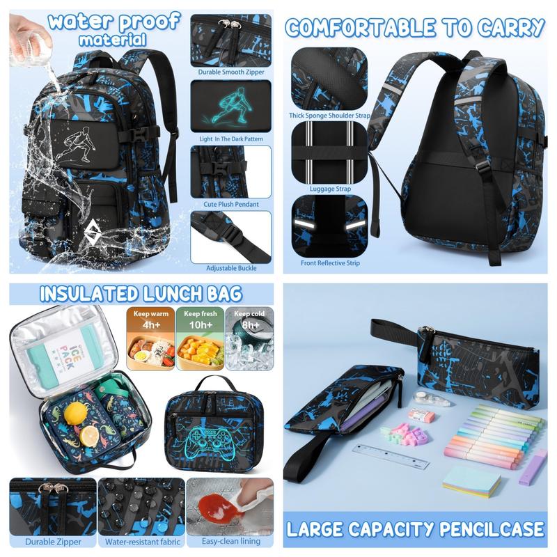 Fimibuke 3PCS Waterproof Backpack Set – Includes School Bag, Lunch Box & Pencil Case, Lightweight, School Backpack Book Bag for Back-to-School Students