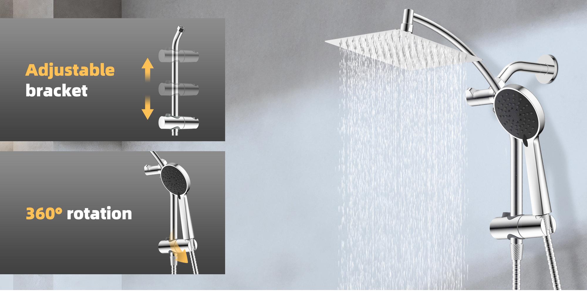 8" Luxurious Metal Rain Shower Head with Handheld, High Pressure Rainfall Shower Heads wih Extension Arm, Wide Dual Showerhead with Spray Combo, Bathroom Accessories, Chrome, Silver